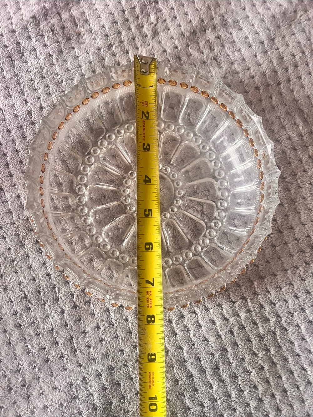 Vintage Mid-Century Clear Pressed Glass Serving Bowl Amber Bead Bubble Trim 8.5"